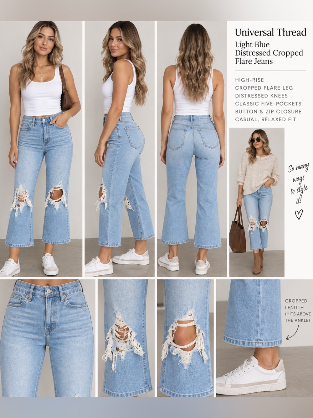 Universal Thread Light Wash Distressed Cropped Wide-Leg Jeans
